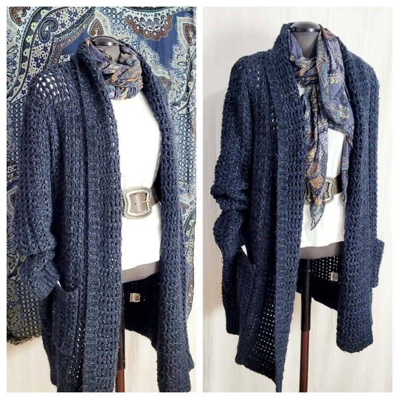 Women's Navy Open Knit Cardigan - Picture 4 of 10